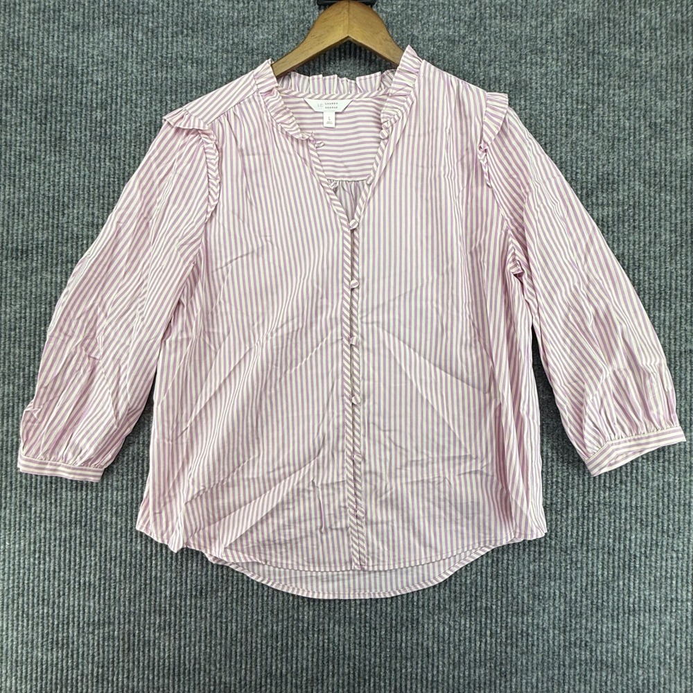LC Lauren Conrad Blouse Womens L Purple Excellent Striped Ruffle‎ Button Front